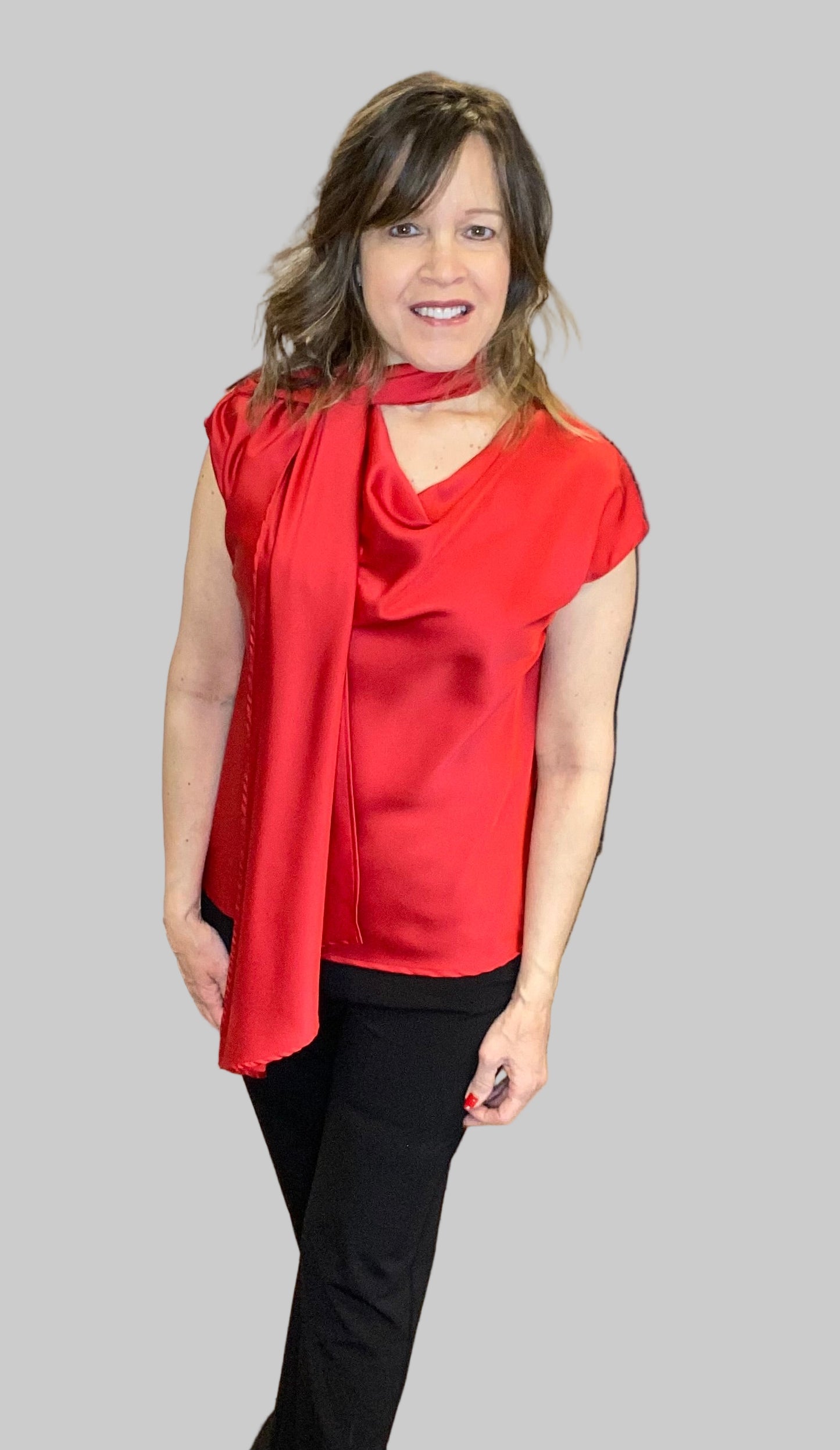 Satin Cowl Neck Top with Scarf