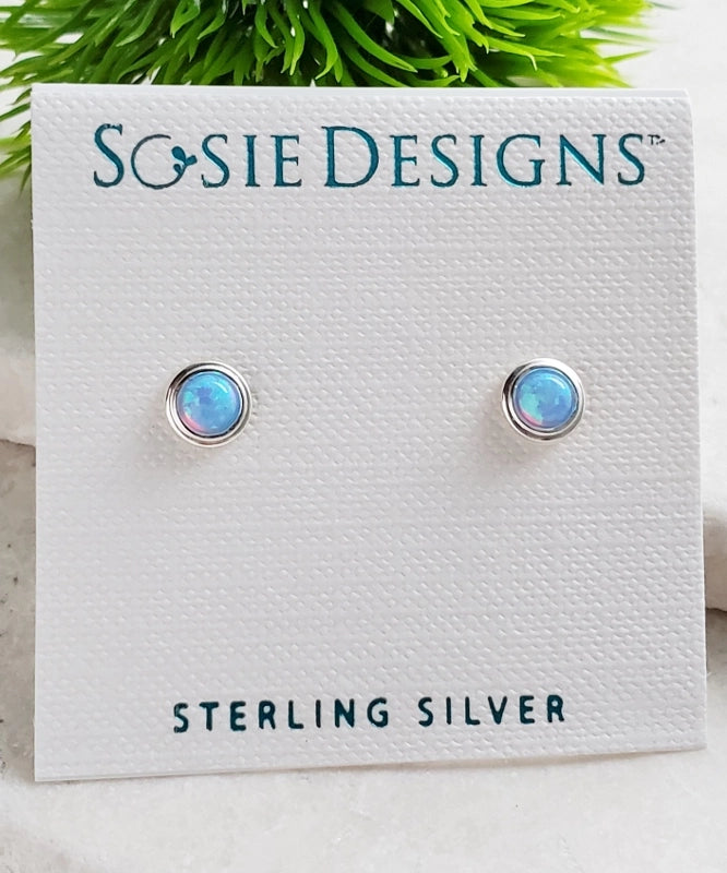 Silver Fire Opal Bezel Studs Azure Blue
