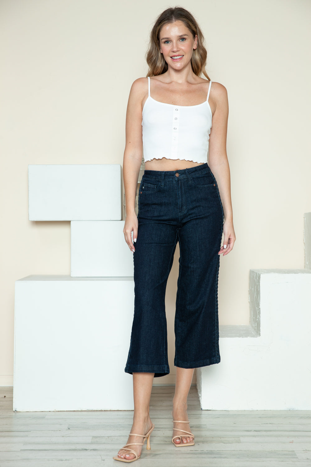 Braid Detail Crop Wide Leg Jeans