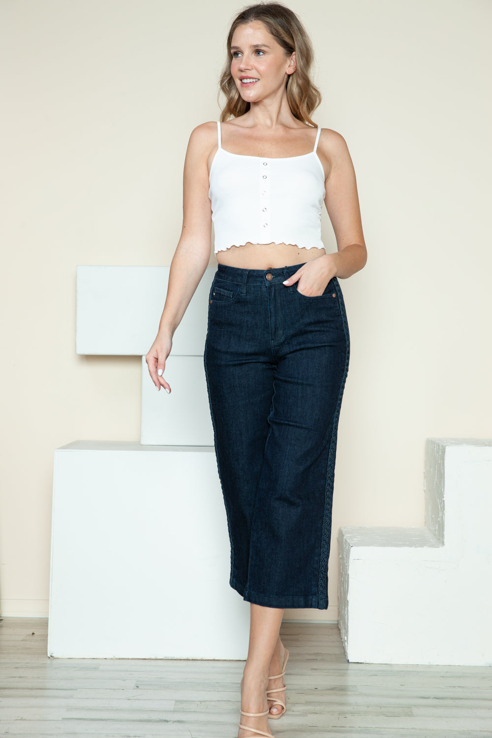Braid Detail Crop Wide Leg Jeans