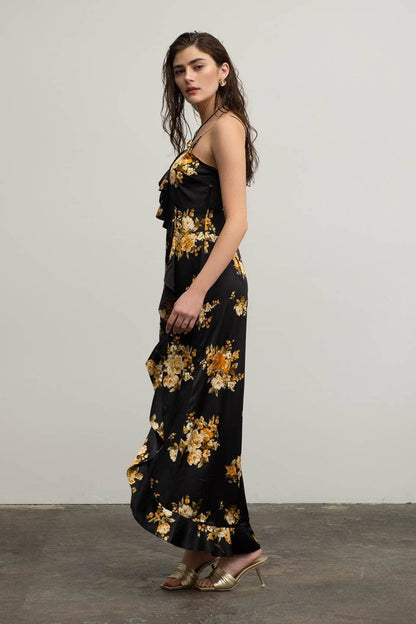 FLORAL SLEEVELESS RUFFLE WRAP MAXI DRESS