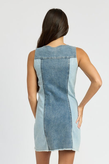 COLOR BLOCK DENIM MINI DRESS *Online Exclusive*