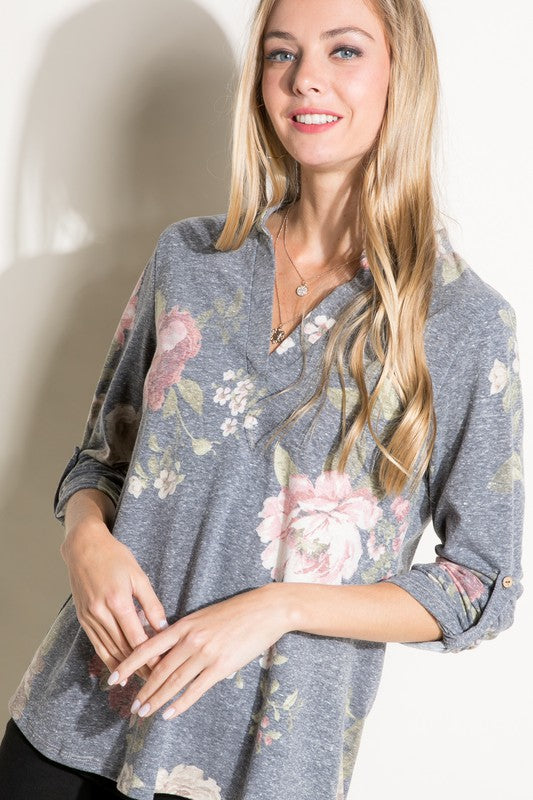 Floral Jersey Split Neck Top *Online Exclusive*