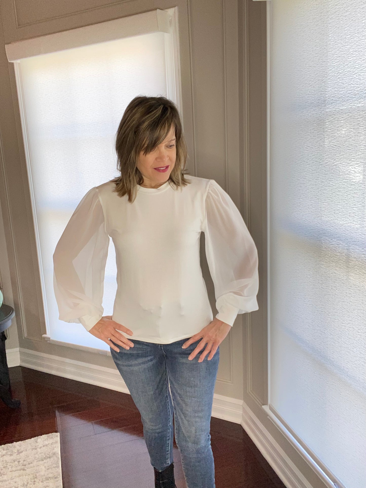 Chiffon Top w/Sheer Sleeves Ivory