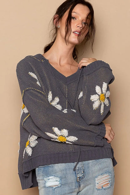 Floral Hooded Hi-Low Sweater