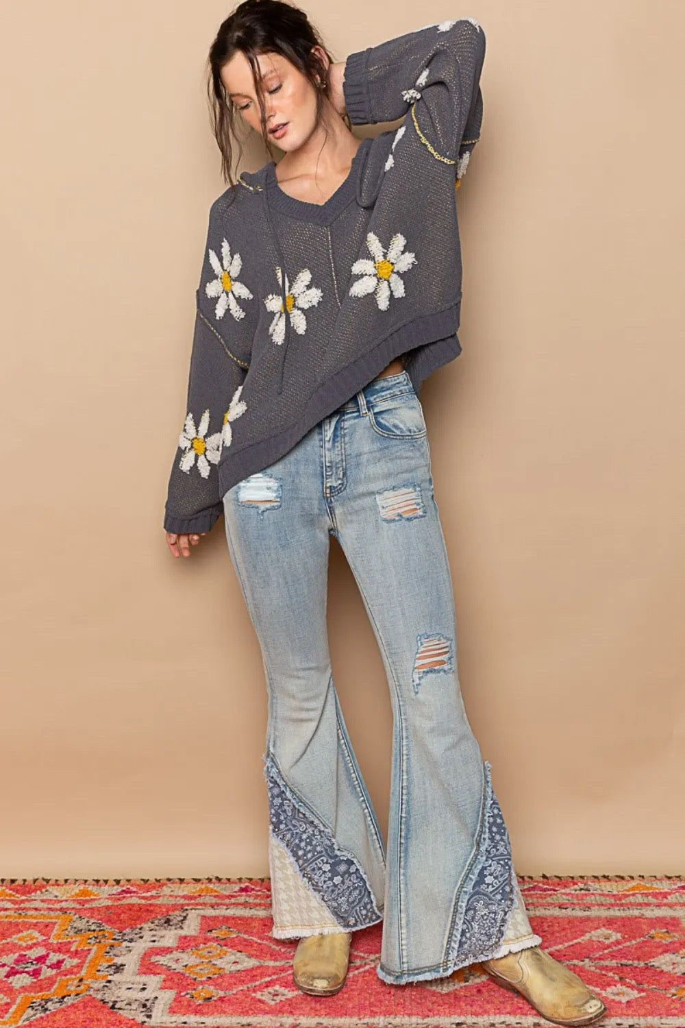 Floral Hooded Hi-Low Sweater