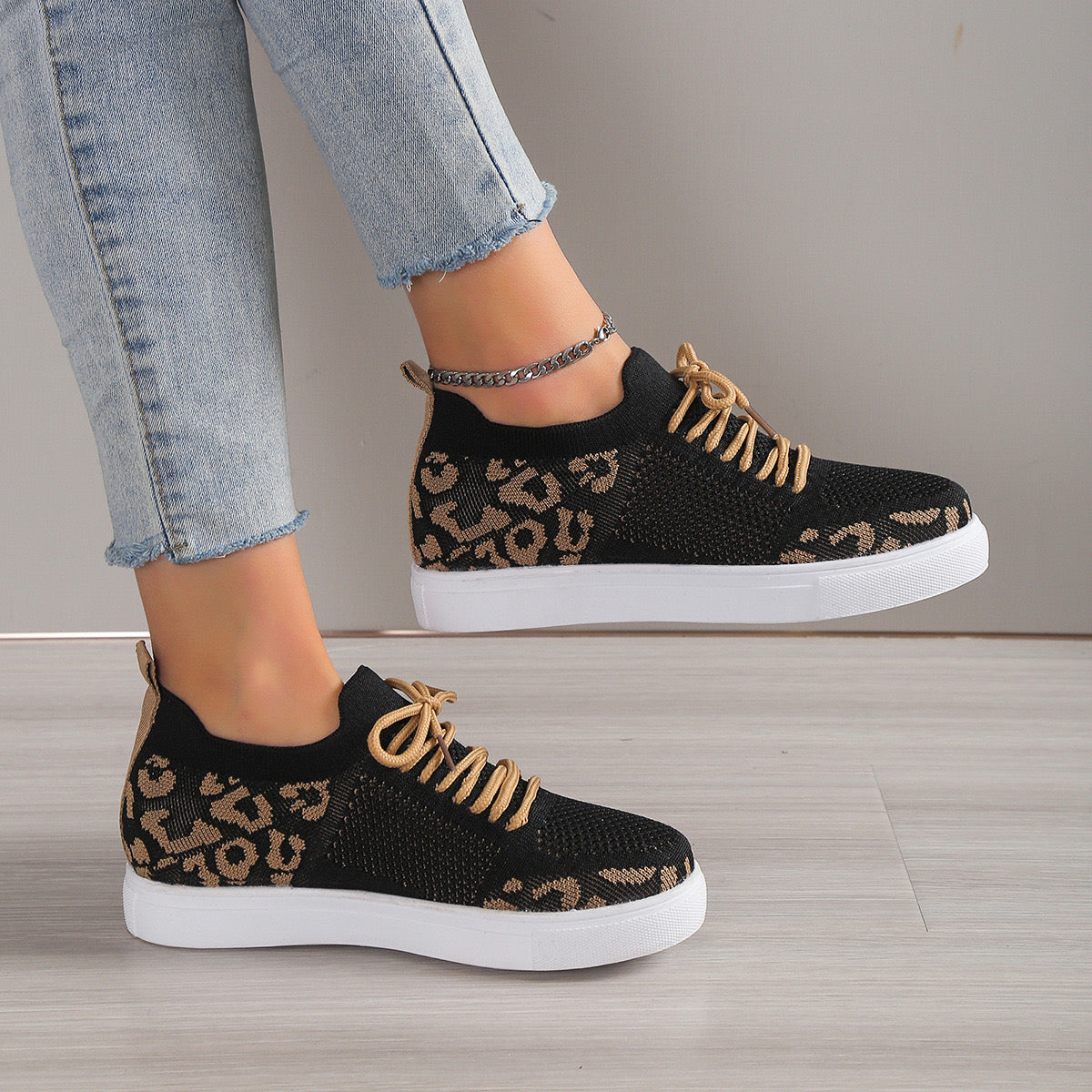 Lace Up Leopard Flat Sneakers