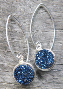 Silver Bezel Druzy Marquis Earrings-Blue