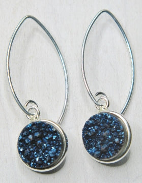 Silver Bezel Druzy Marquis Earrings-Blue