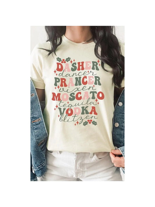 Dasher Prancer Moscato Tequila Vodka Holiday Tee