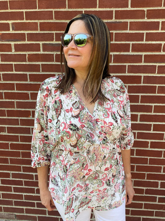 Floral Print V Neck Chiffon Blouse