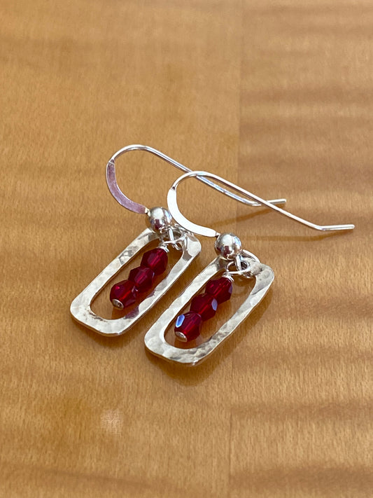 Silver Hammered Earringswith Red Trio Crystals