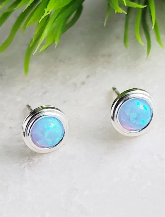 Silver Fire Opal Bezel Stud Earrings