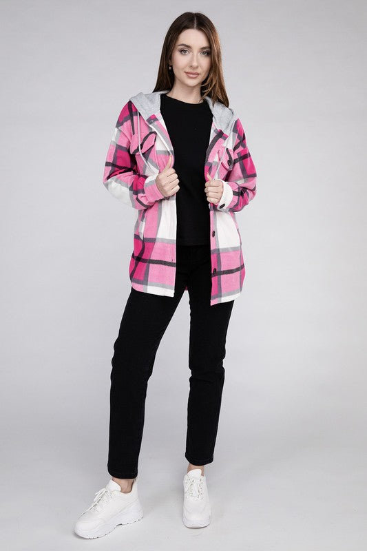 Plaid Drawstring Hooded Fleece Shacket *Online Exclusive*